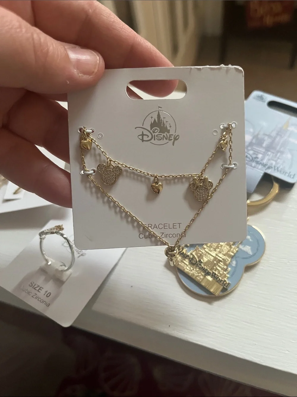 Disney Gold and Blue Castle Keychain with Coordinating Gold Jewelry Set. NEW
